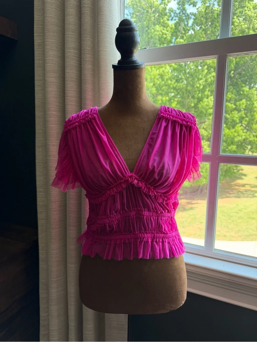 Free People Hot Pink Mesh Ruched Crop Top — Size S - Picture 1 of 3